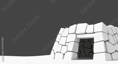 Igloo structure with a dark entrance and white snow blocks.