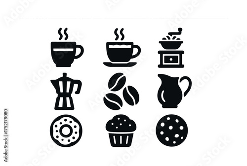 Vector Coffee and pastry icons: cups, grinder, kettle, beans, donut, muffin, cookie