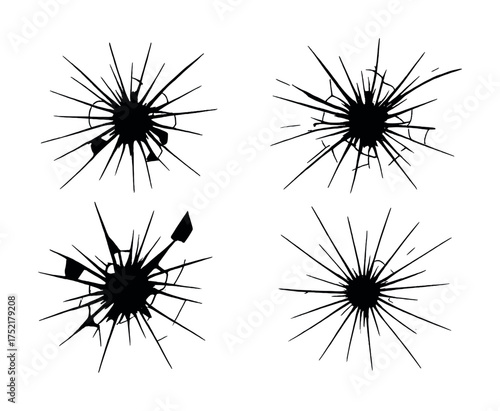 Vector Set of broken glass bullet holes with radial cracks in silhouette design