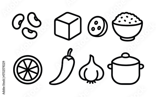 Vector Outlined icons of food ingredients and cooking items including beans, sugar cube, sausage, rice bowl, lemon, chili pepper, garlic, cooking pot