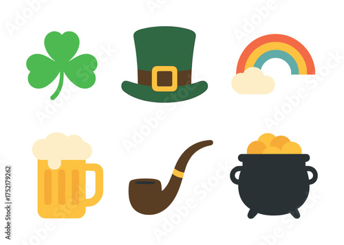 Vector St. patrick's day icons: shamrock, leprechaun hat, rainbow, beer, pipe, and pot of gold