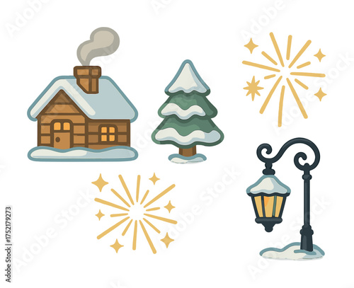 Vector Winter wonderland: cozy cabin, snowy tree, lantern, and festive starbursts