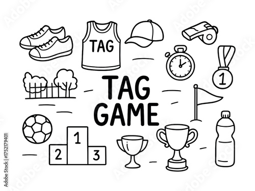 Vector Tag game icons: shoes, timer, trophy, whistle, soccer ball, medal