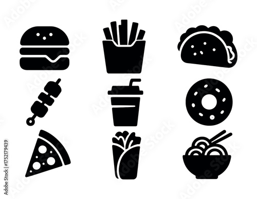 Vector Assorted fast food icons: burger, fries, taco, pizza, donut, noodles, wrap, skewer, drink