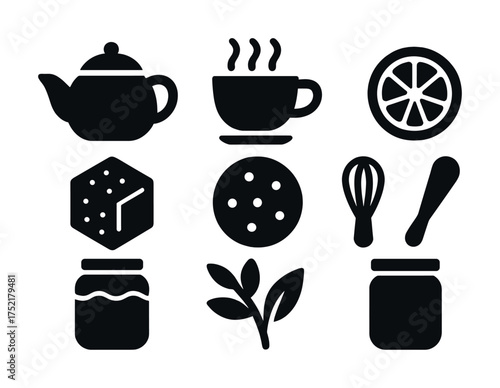 Vector Tea and baking icon set with teapot, cup, lemon, and kitchen utensils
