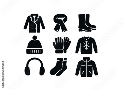 Vector Winter clothing icons set: coats, scarves, boots, hats, gloves, sweaters, ear muffs, socks