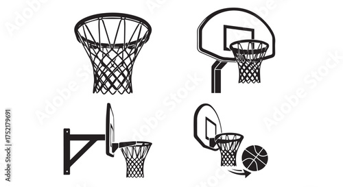 Four black silhouette illustrations of basketball hoops and backboards isolated on transparent background