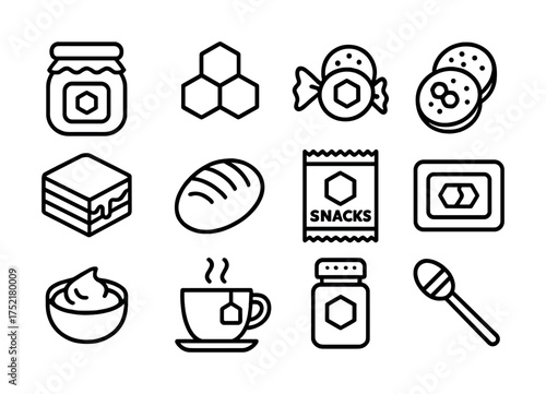 Vector Honey-themed icons: jars, snacks, sweets, tea, cookies, bread, honeycomb
