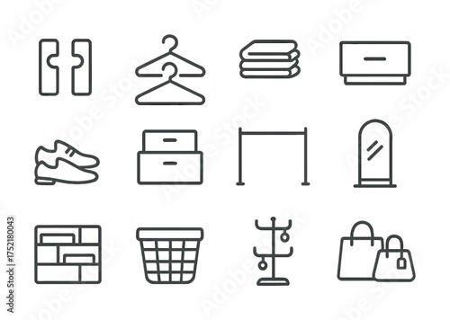 Vector Minimalist wardrobe essentials: hangers, shoes, mirror, and storage icons set