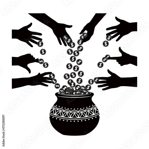 Silhouette hands dropping coins into decorative pot symbolizing wealth gathering and generosity vector