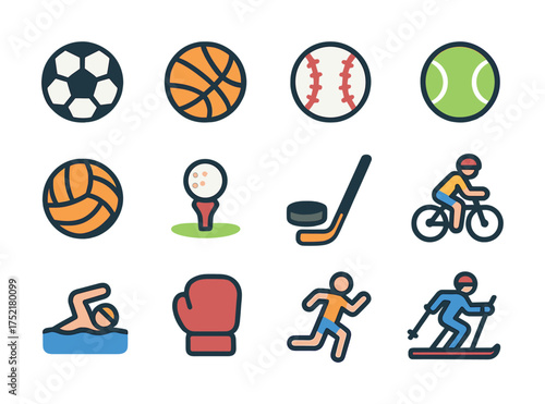 Vector Set of colorful sports icons including soccer, basketball, baseball, tennis, volleyball, golf, hockey, cycling, swimming, boxing, running, skiing