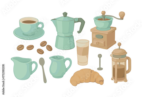 Vector Coffee set: cup, pot, grinder, french press, beans, milk pitchers, spoon, croissant
