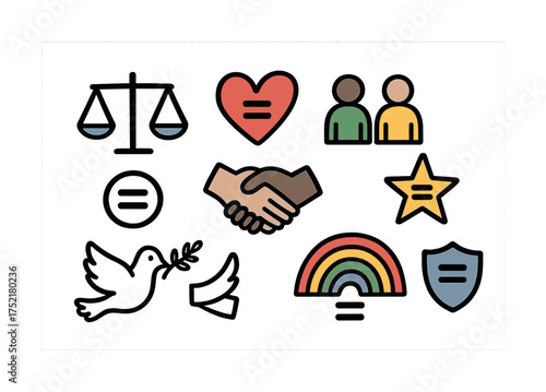 Vector Diverse symbols of equality and peace including scale, heart, people, dove, rainbow, and shield