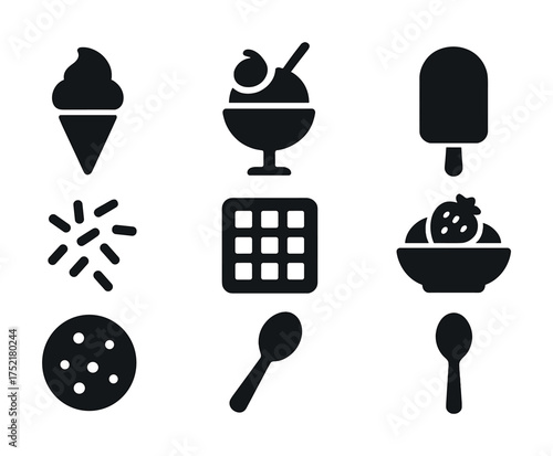 Vector Ice cream and dessert icons: cones, popsicles, and spoons in black silhouettes