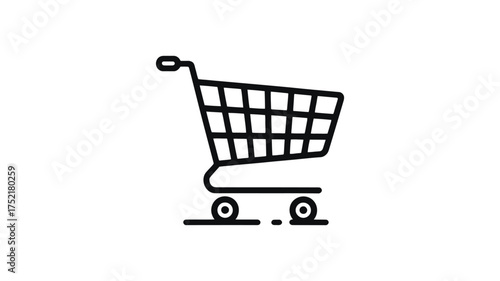 Simple hand drawn outline of a shopping cart with wheels on a white background