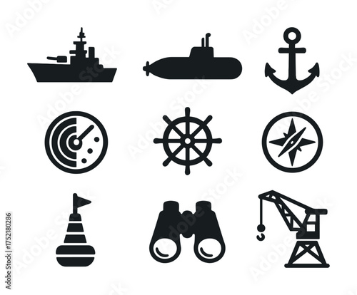 Vector Naval icons: ship, submarine, anchor, radar, helm, compass, buoy, binoculars, crane
