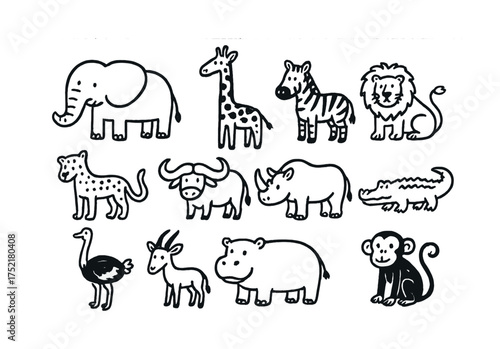 Vector Cartoon safari animals: elephant, giraffe, zebra, lion, cheetah, buffalo, rhino, crocodile, ostrich, antelope, hippo, monkey