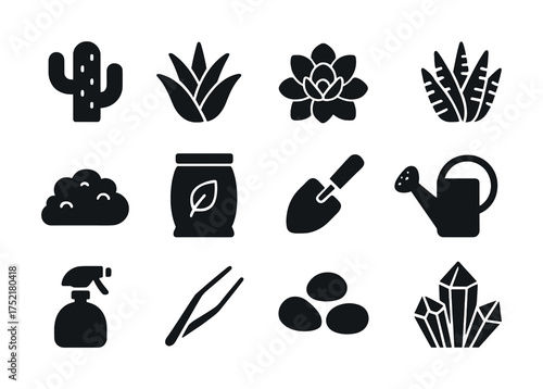 Vector Black and white gardening icons set featuring plants and tools