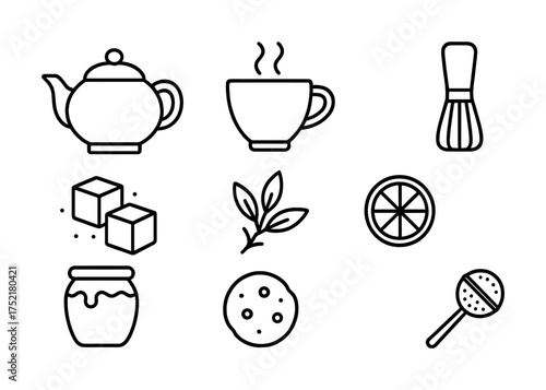 Vector Tea time essentials: cup, teapot, citrus, honey, sugar, whisk, herbal leaves, cookie, lollipop