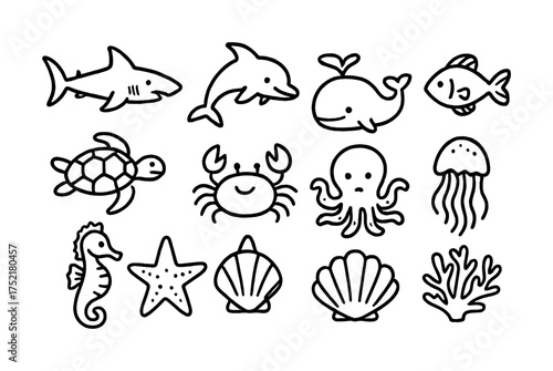 Vector Marine life outline illustrations of various sea creatures and ocean animals