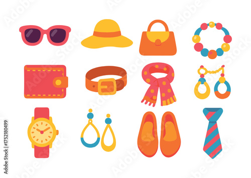 Vector Colorful fashion accessories collection including sunglasses, hat, bag, watch, scarf and earrings