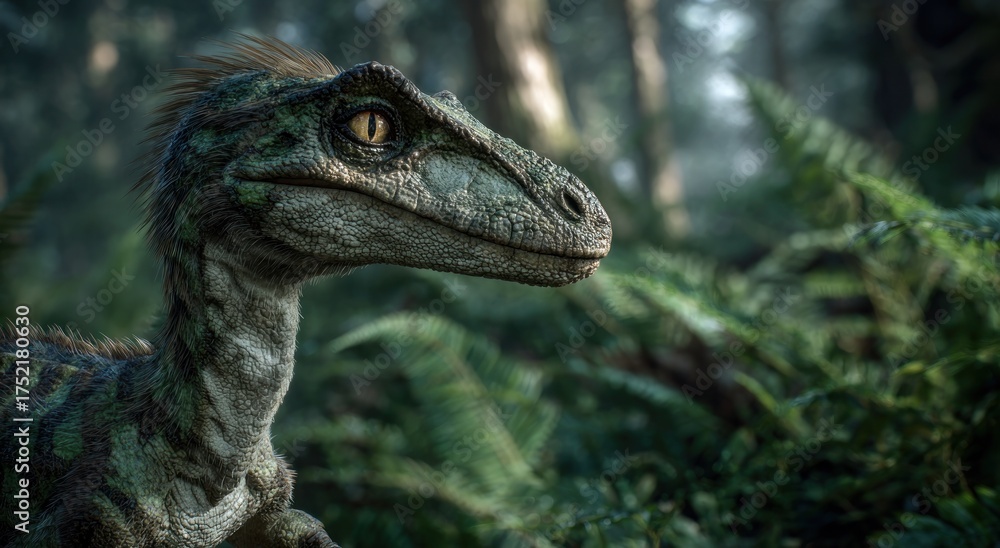 Obraz premium Detailed illustration of a dinosaur creature in a lush verdant forest setting