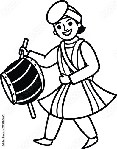 Man in traditional clothing playing a dhol drum male