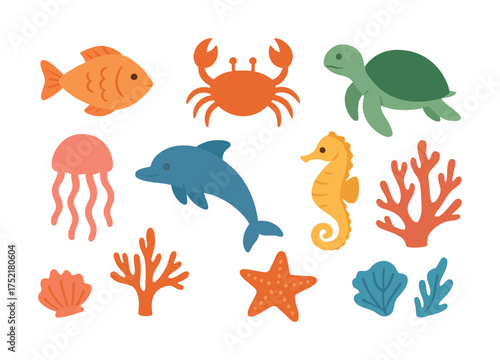 Vector Colorful marine animals illustrations: fish, crab, turtle, dolphin, seahorse, coral