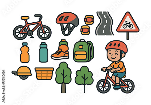 Vector Asian child cycling with safety gear and accessories vector illustration