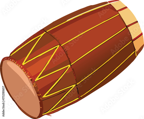 Red brown barrel drum with yellow zigzag pattern musical instrument