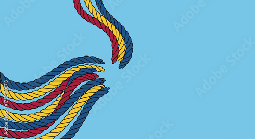 Colorful red yellow and blue ropes fraying and breaking apart.