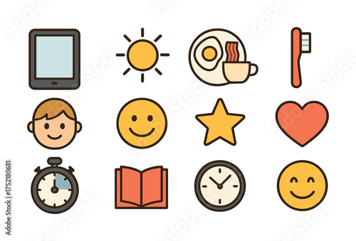 Vector Set of simple icons: tablet, sun, breakfast, toothbrush, faces, star, heart, stopwatch, book, clock