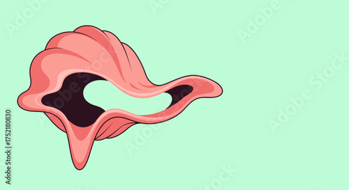 Abstract pink shape with dark center and flowing edges on light green background.