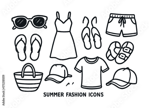 Vector Summer fashion icons: dress, sunglasses, flip flops, hat, t-shirt, bag, sandals, shorts