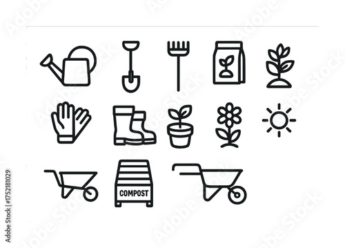 Vector Gardening tools and icons: watering can, shovel, rake, compost, plants, wheelbarrow