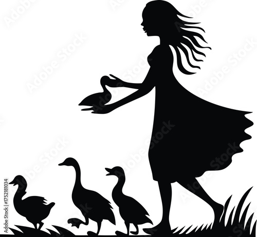 Silhouette of a girl walking with geese in grass woman