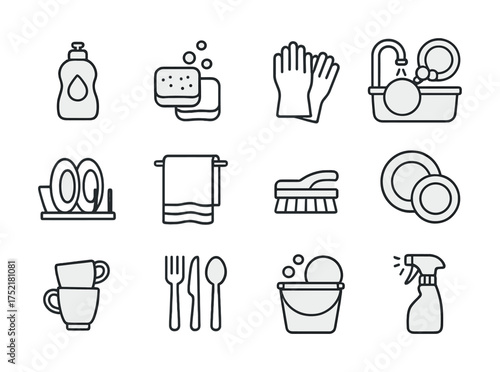 Vector Black and white kitchen cleaning icons featuring dishes and utensils
