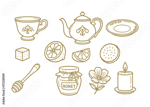 Vector Elegant tea set with teapot, cup, lemon, honey, and candle line art