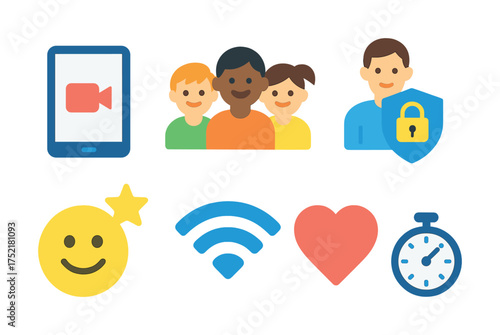 Vector Colorful technology icons including diverse faces, communication, and security symbols