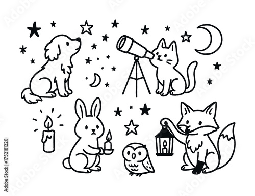 Vector Whimsical woodland creatures stargazing: dog, cat, rabbit, fox, owl with telescope and lantern