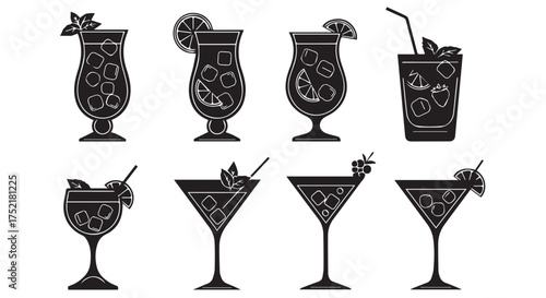 Assortment of cocktail glasses filled with drinks, isolated on transparent background