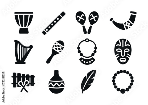 Vector Black and white icons of musical instruments and cultural artifacts