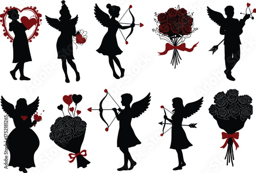 Valentine silhouette illustration, love theme vector, romantic clipart design, heart bouquet, Cupid character, black and red graphic, holiday art