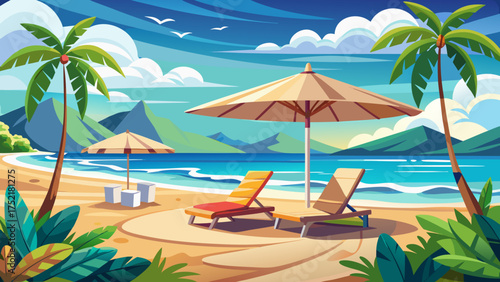 Very beautiful relaxing beach scene with soft white sand, elegant lounge beds under a wide umbrella, and a tranquil sea view evoking peace and comfort.
