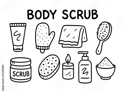 Vector Body scrub essentials: glove, towel, brush, candle, lotion, sponge, bowl