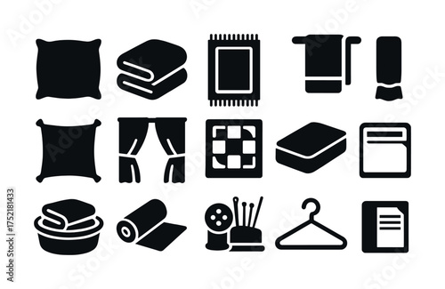 Vector Collection of household textile and sewing icons in black and white