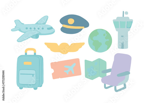 Vector Air travel icons: airplane, pilot hat, globe, control tower, luggage, ticket, map, wing badge, seat