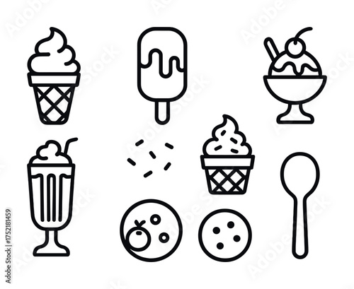 Vector Collection of ice cream icons featuring cones, popsicle, sundae, milkshake, and spoon