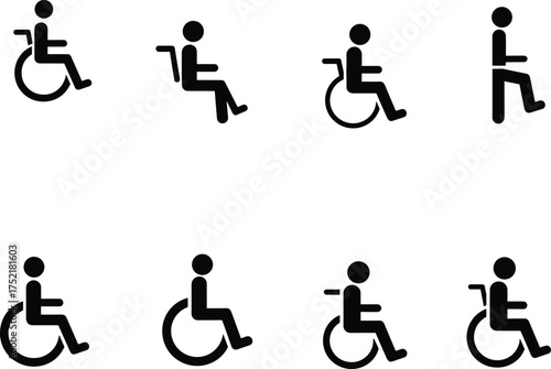 Wheelchair icons, disability symbols, accessible design, inclusive vector, mobility aid, healthcare illustration, standing figure, black silhouette, simplified posture, signage concept