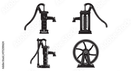 Collection of vintage water pump illustrations isolated on transparent background